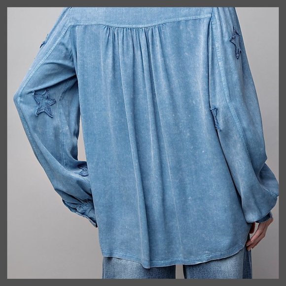 EASEL "STAR STRUCK" Embroidered Silk-Like Mineral Wash Button Up, Cuffs, Pockets - Picture 7 of 16